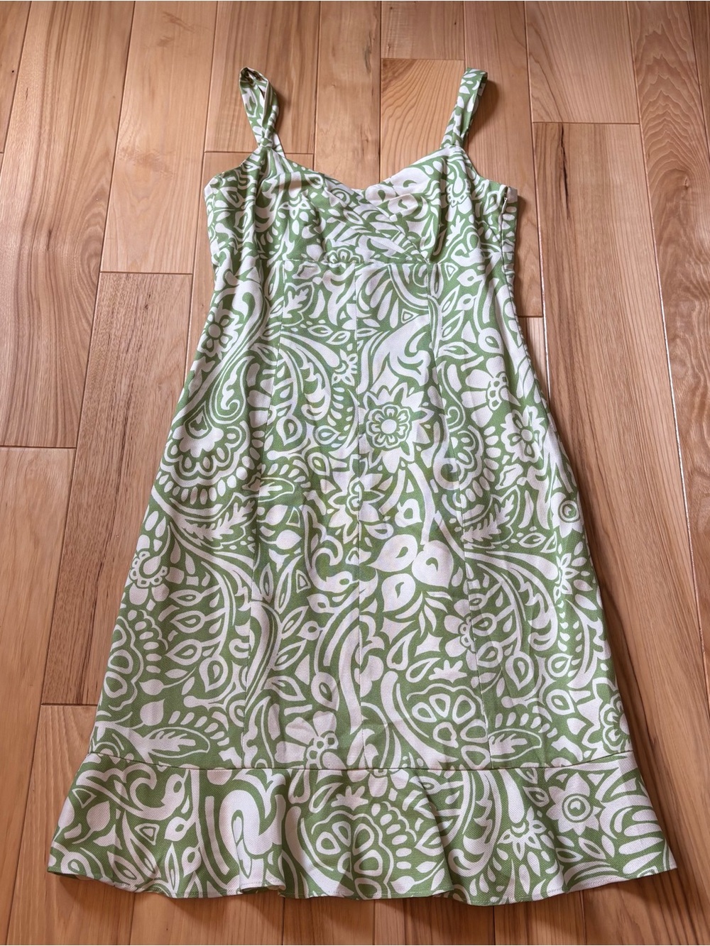 Y2K Ann Taylor Silk Green White Floral Patterned Ruffle Hem Dress